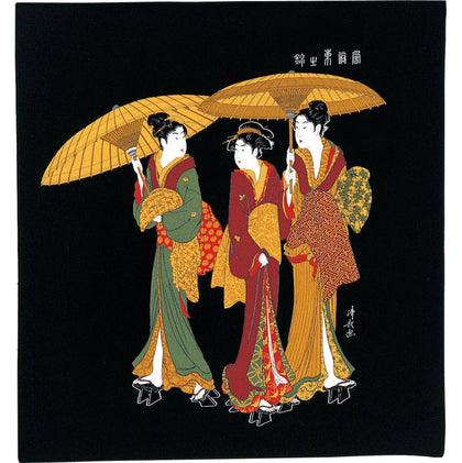 68 Ukiyo-e Rayon Chirimen Yuzen Dyeing - Three Women In The Rain Black