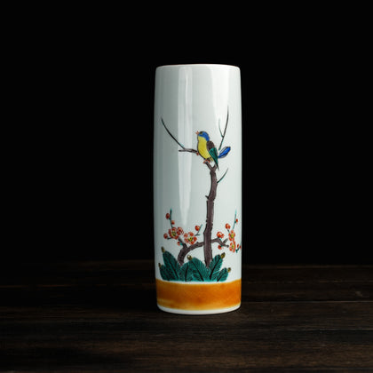 Blossoming Plums in Bird-Adorned Vase