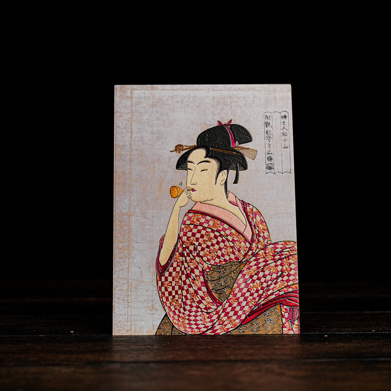 Wooden Postcard by Woman Blowing a Poppin