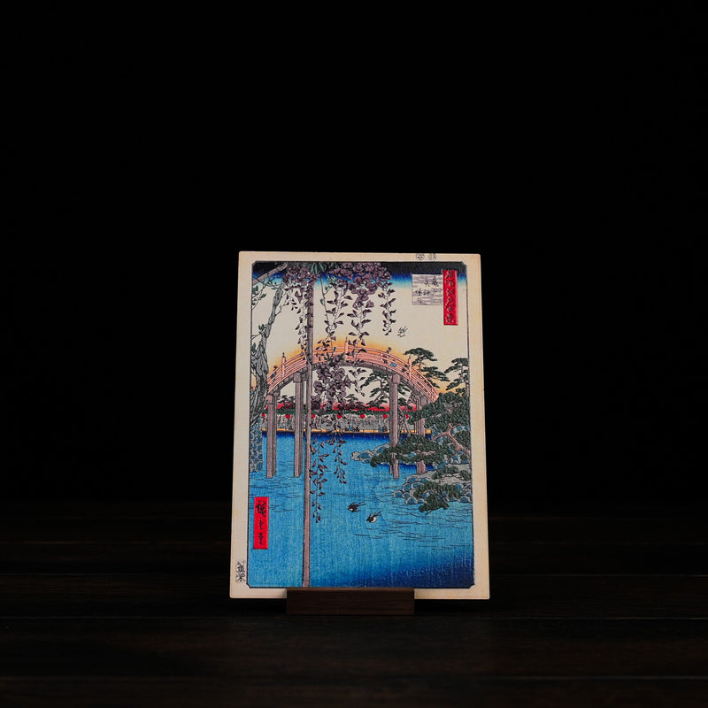 Wooden Postcard by Utagawa Hiroshige, Inside Kameido Tenjin Shrine